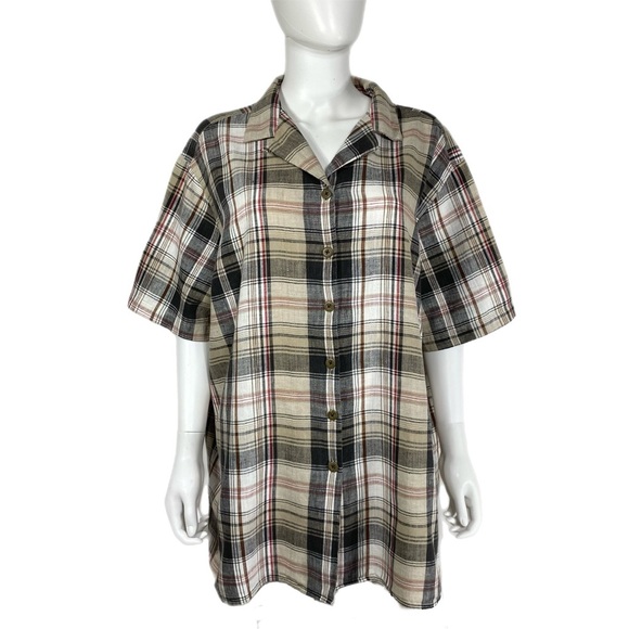 Crossroads Woman Plaid Linen Cotton Short Sleeve Button Down - Picture 1 of 5